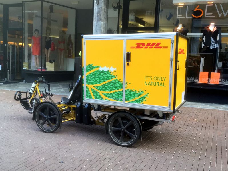 Eco-friendly delivery options - this Green DHL electric delivery cargo bike is a perfect example